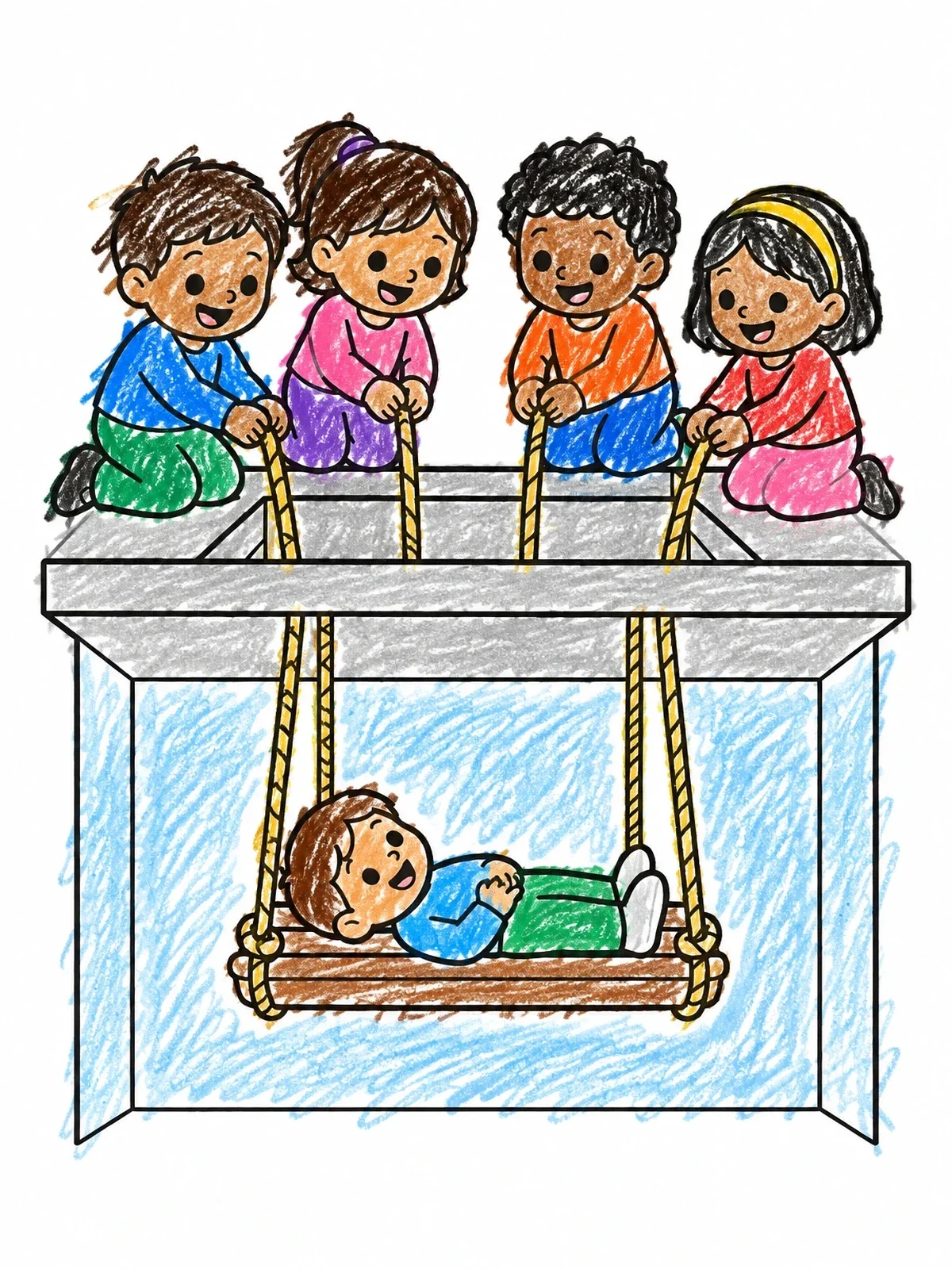 Colored example of the Friends Lowering Boy Through Ceiling coloring page