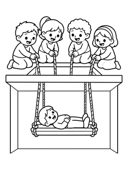 Free printable Friends Lowering Boy Through Ceiling coloring page