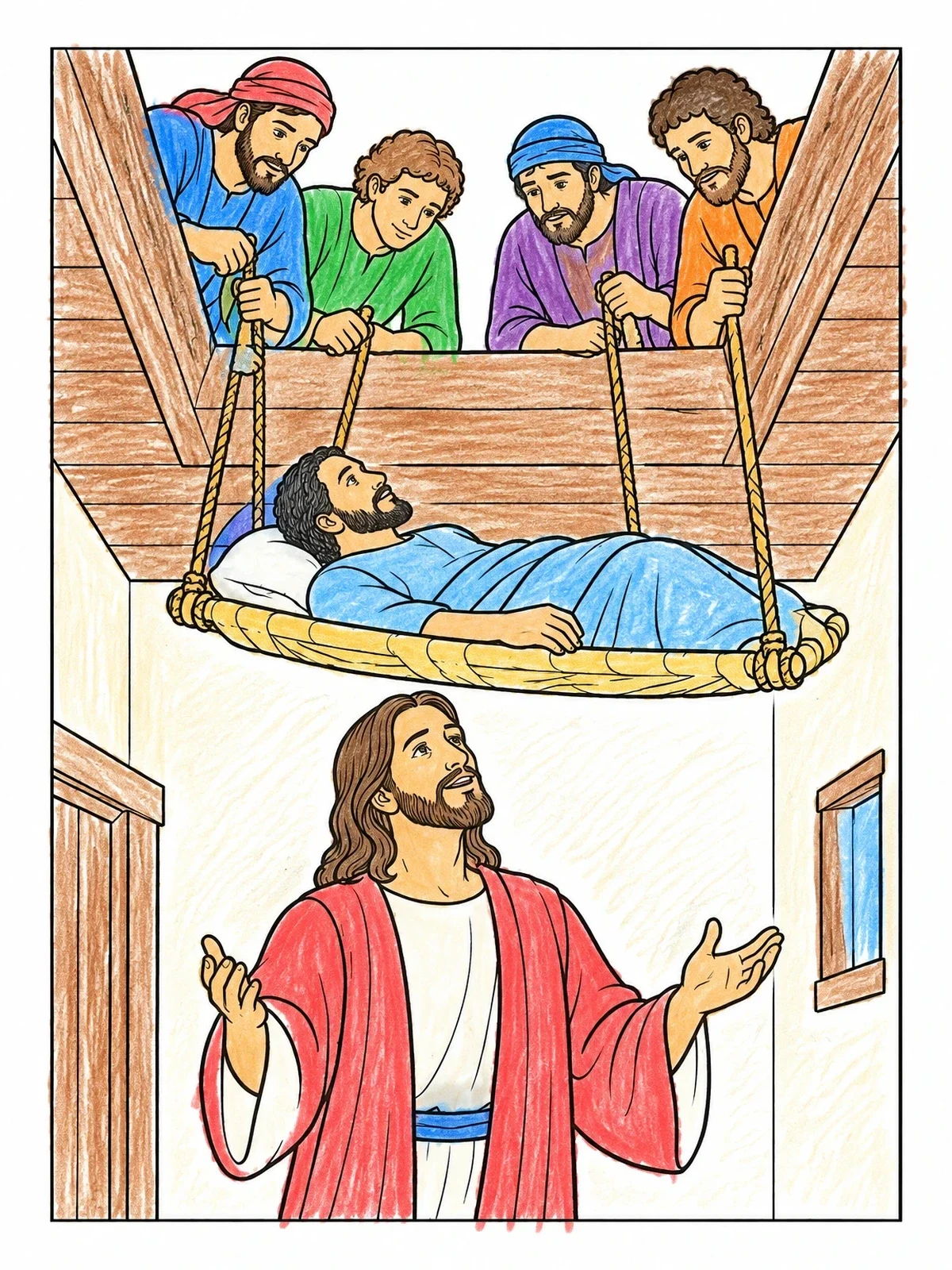 Colored example of the Friends Lowering Paralyzed Man To Jesus coloring page