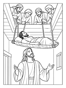 Free printable Friends Lowering Paralyzed Man To Jesus coloring page