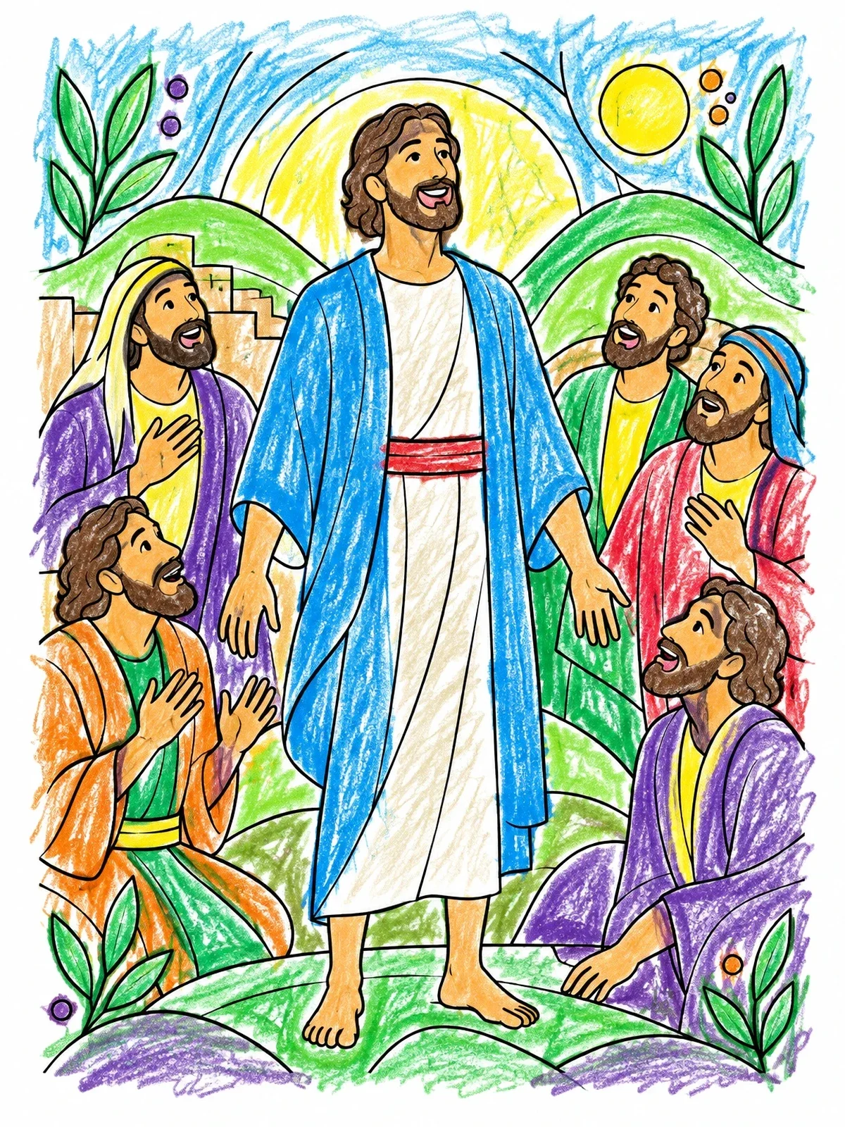 Colored example of the Healed Man Standing Among Disciples coloring page
