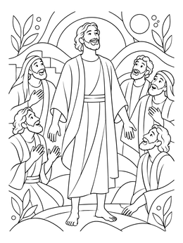 A joyful man stands healed surrounded by disciples in this jesus heals coloring page.