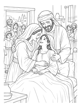 Jairus and his wife weep with joy over their healed daughter in this detailed jesus heals coloring page.