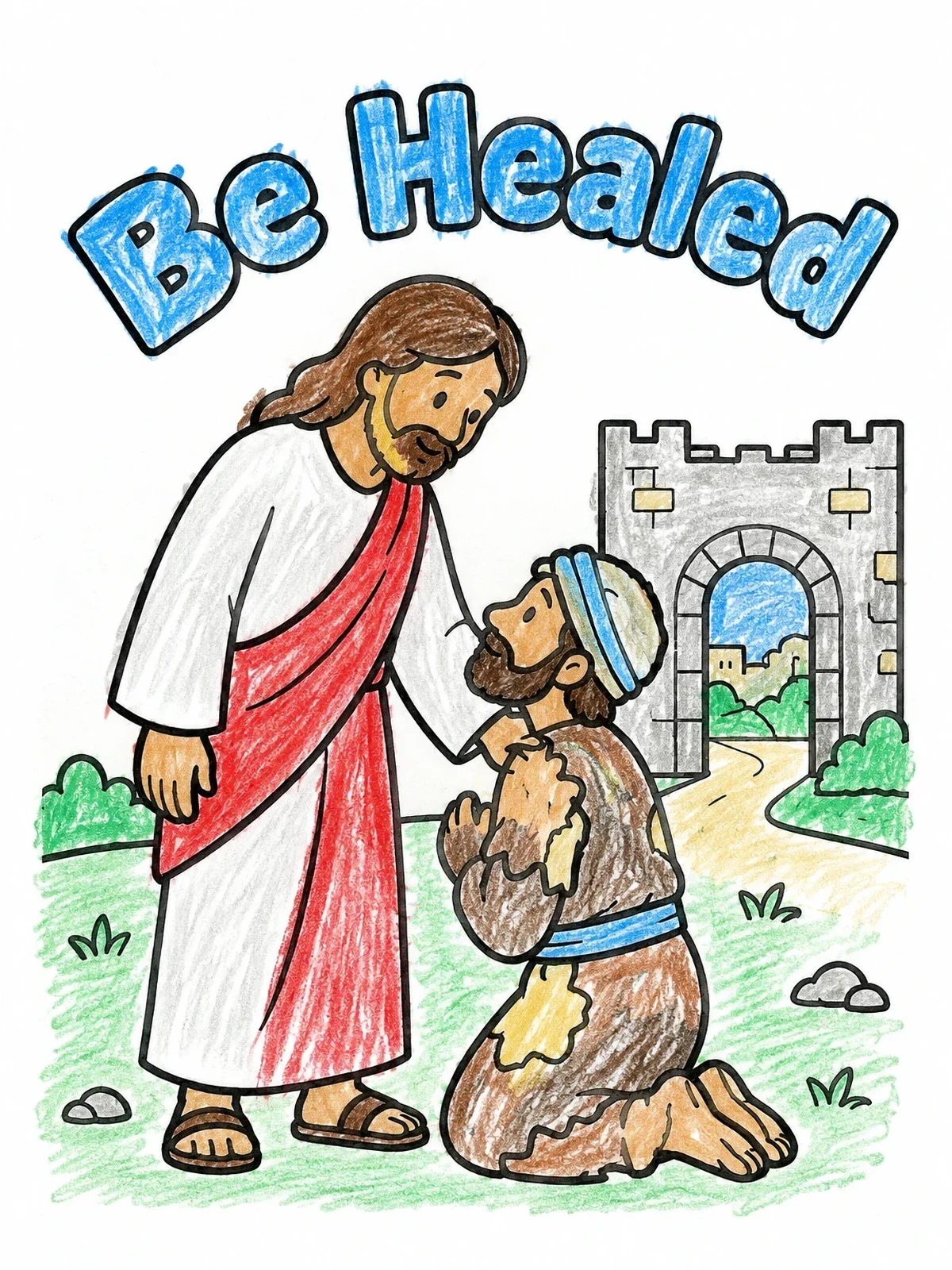 Colored example of the Jesus Healing A Kneeling Man coloring page