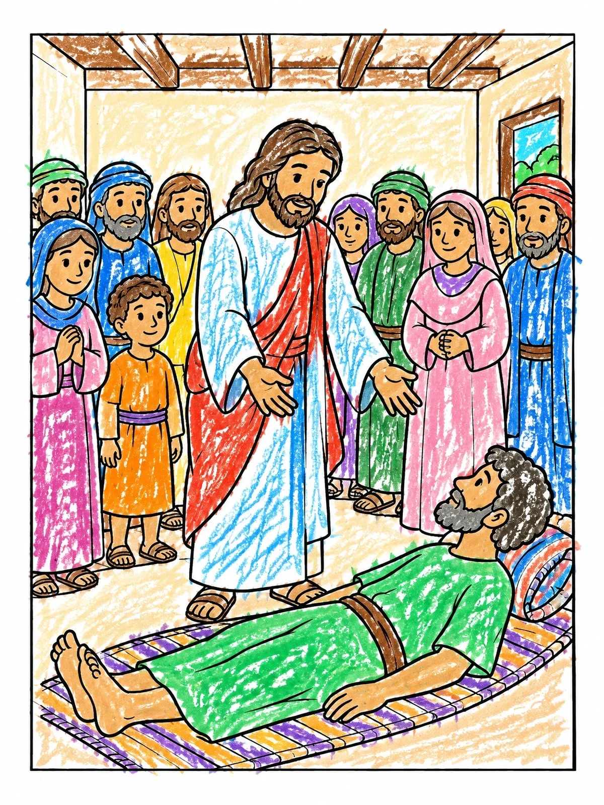 Colored example of the Jesus Healing The Paralyzed Man coloring page