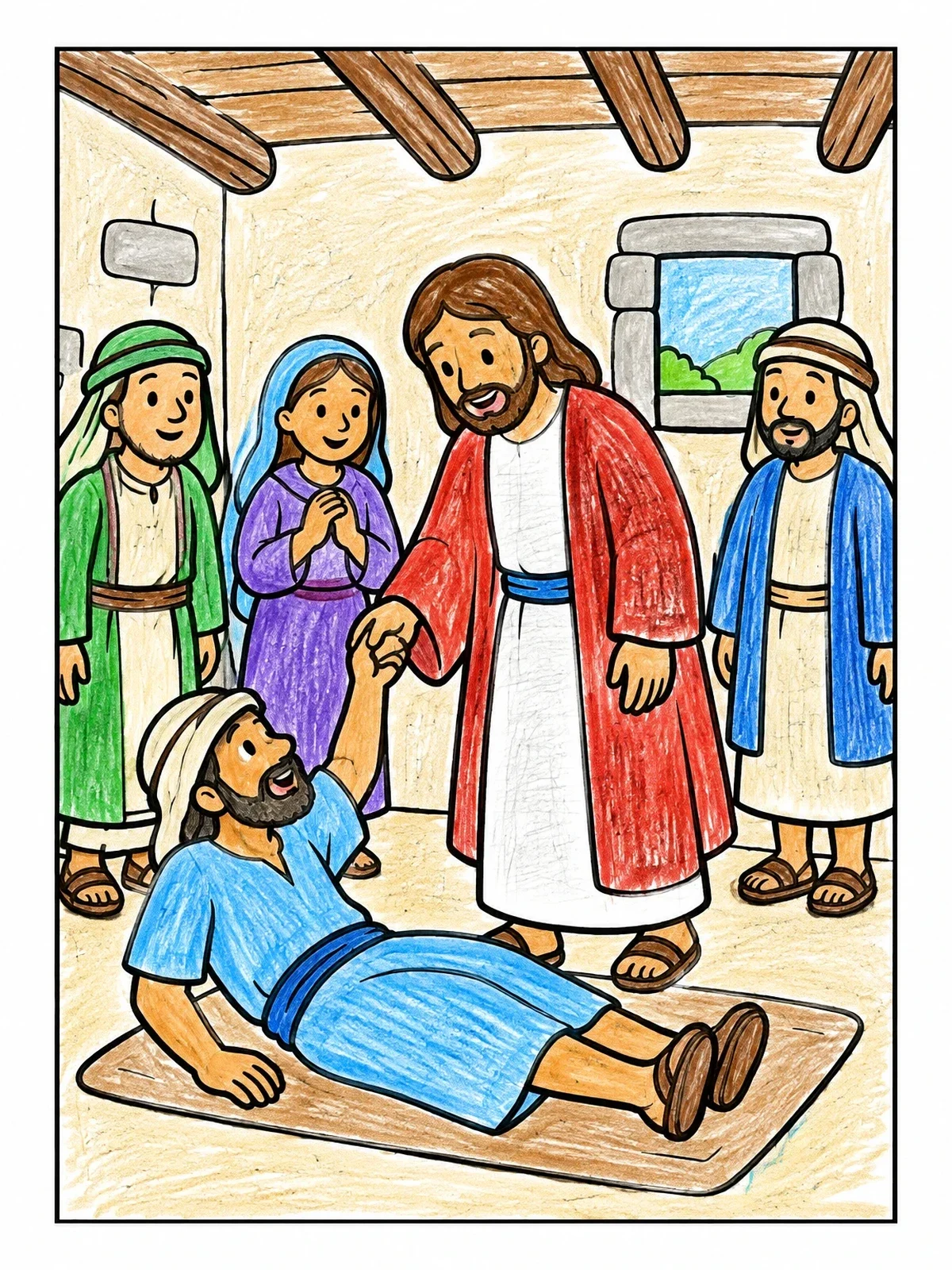 Colored example of the Jesus Healing Paralyzed Man In House coloring page