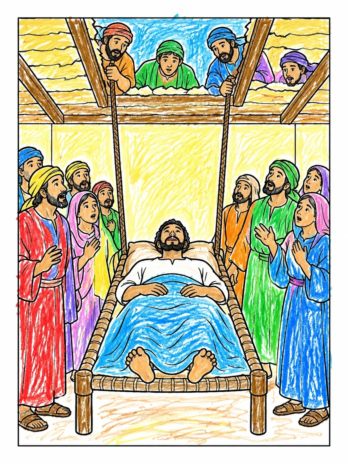 Colored example of the Paralyzed Man Lowered Through The Roof coloring page