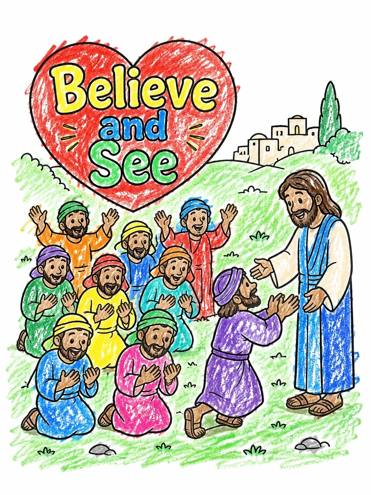 Colored example of the Jesus Heals The Ten Lepers coloring page