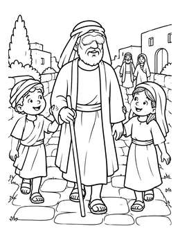 Free printable Blind Man Guided Along The Path coloring page