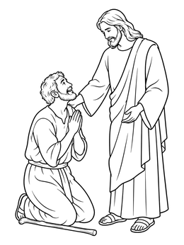 A grateful man kneels before Christ in this jesus heals the blind man coloring page.