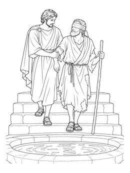 A helper assists a blind beggar down stone steps to the pool in this jesus heals the blind man coloring page.