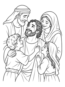 A joyful scene in this jesus heals the blind man coloring page shows a family embracing in tears.
