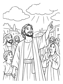 Joyful jesus heals the blind man coloring page showing a healed man pointing to the sky amid a gathering crowd.