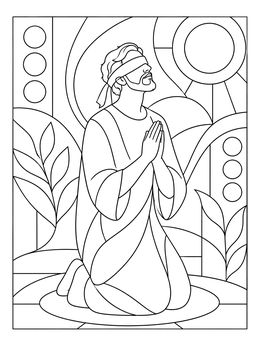 A blindfolded man kneels in prayer on this jesus heals the blind man coloring page.