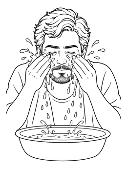 A man washes his eyes over a basin in this jesus heals the blind man coloring page.