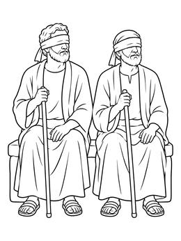 A jesus heals the blind man coloring page showing two blind men in robes seated together holding walking staffs.