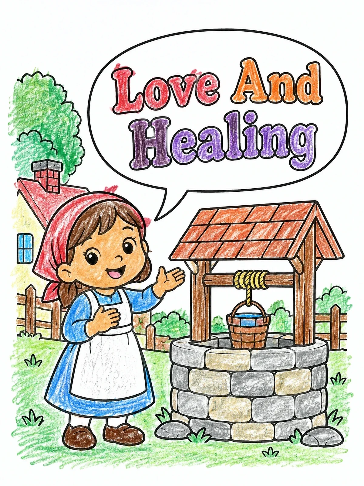 Colored example of the Cute Girl Beside The Village Well coloring page