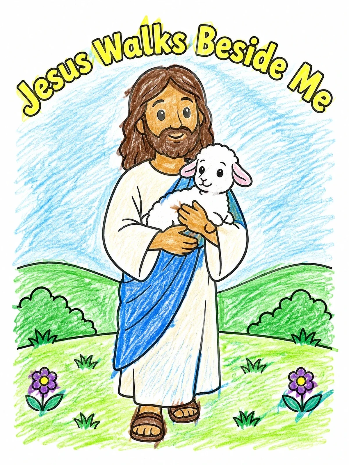 Colored example of the Jesus Holding A Gentle Lamb coloring page