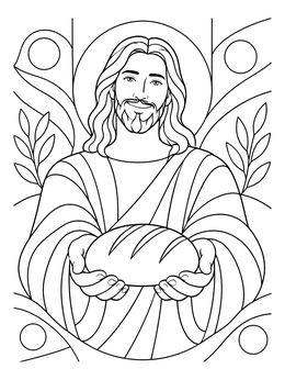In this jesus is the bread of life coloring page, Christ holds a fresh loaf forward with open hands.