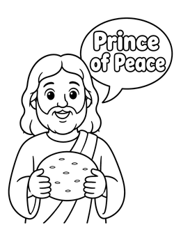 A friendly jesus coloring page showing him holding bread next to a speech bubble.
