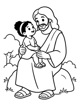 Free printable Jesus Holding A Cheerful Toddler coloring page