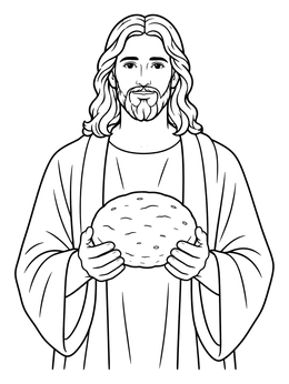 A peaceful jesus coloring page showing him holding a round loaf of bread.