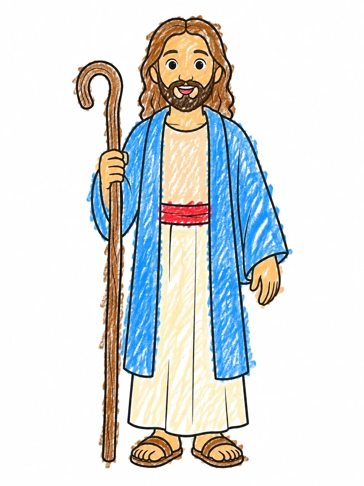 Colored example of the Friendly Jesus With Shepherd Staff coloring page