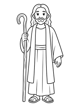 A smiling shepherd in this jesus coloring page holds a tall wooden crook.