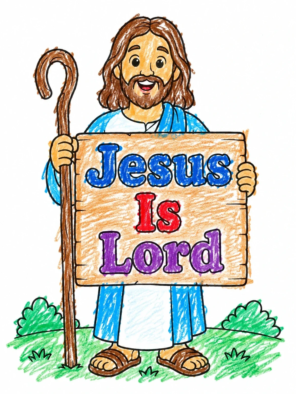Colored example of the Jesus Holding A Wooden Sign coloring page