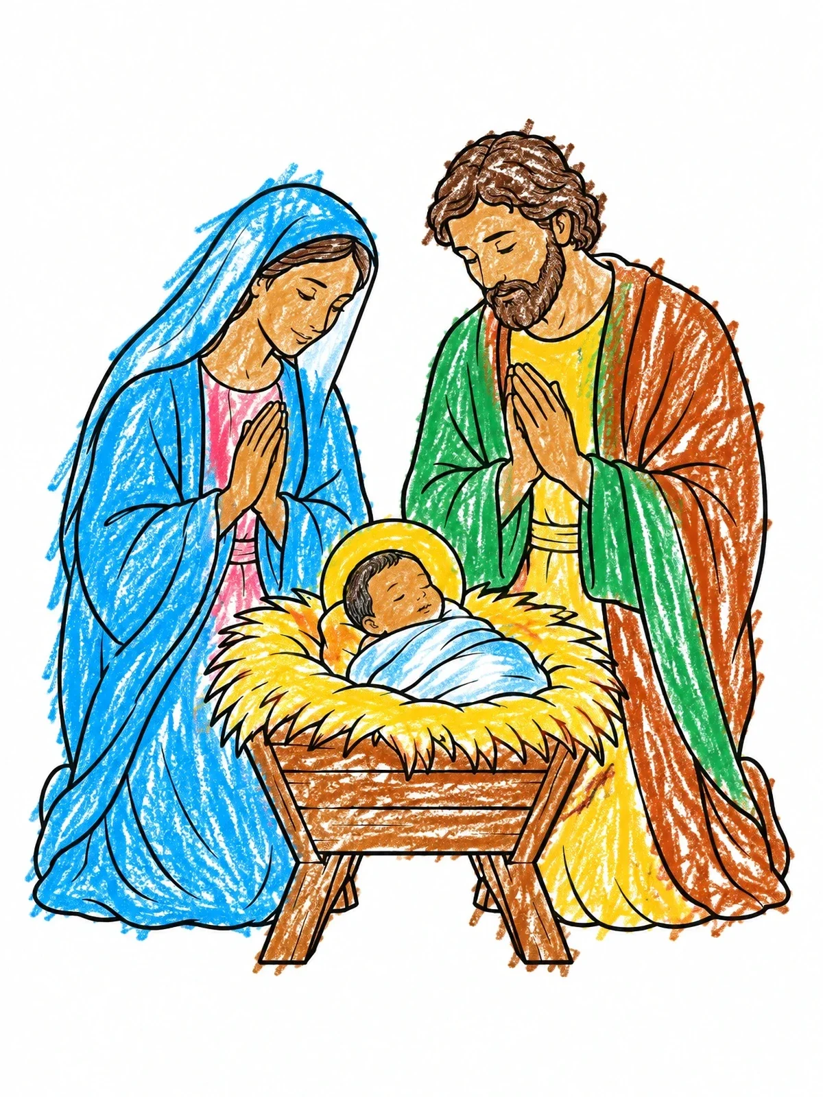 Colored example of the Nativity Scene With Holy Family coloring page