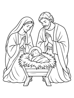 Mary and Joseph praying over baby Jesus coloring page in the manger.