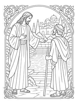 A detailed jesus heals the blind man coloring page featuring Christ speaking with a man holding a walking staff.