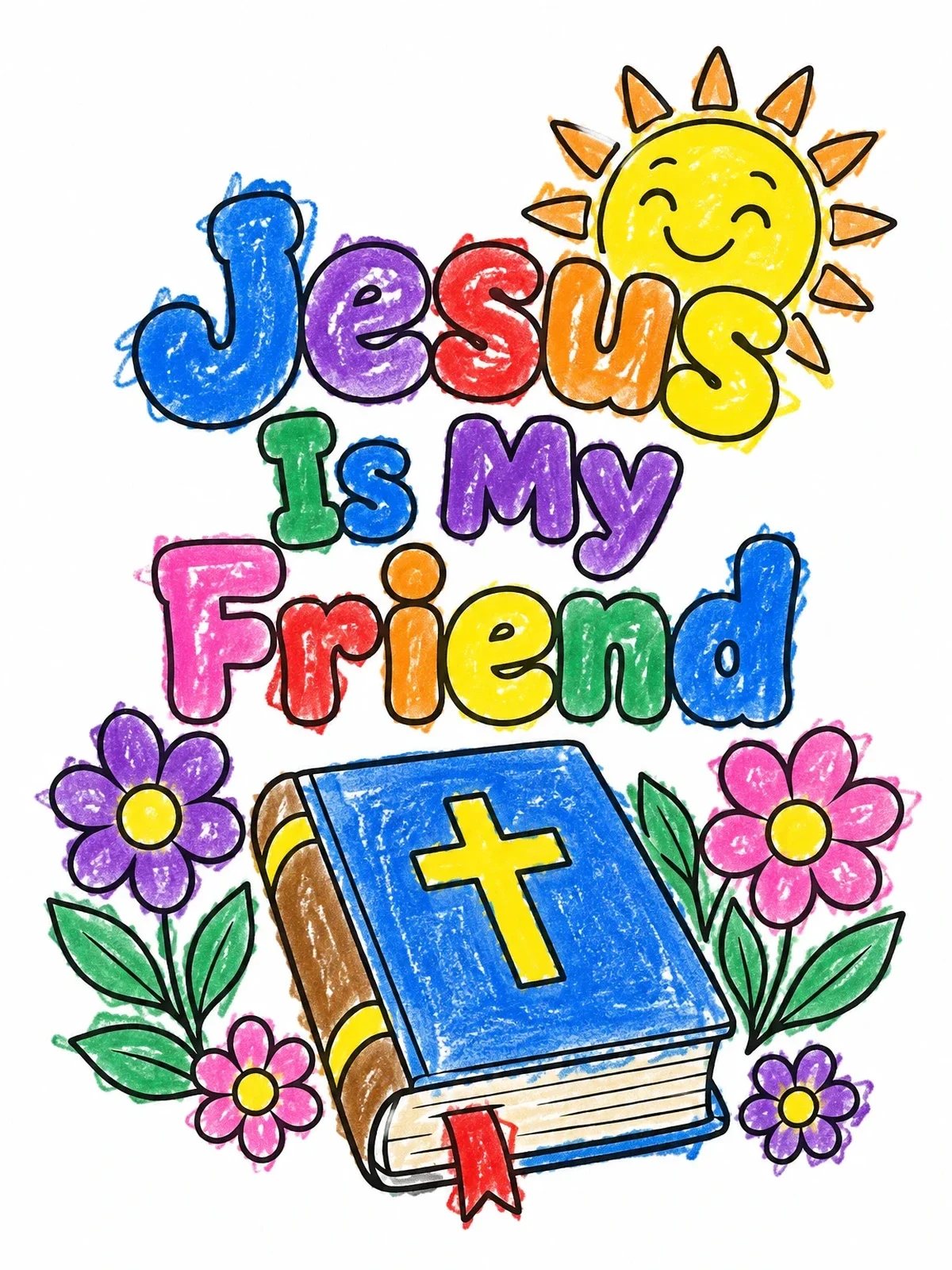 Colored example of the Jesus Is My Friend With Bible And Sun coloring page