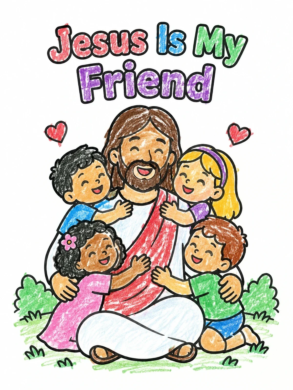 Colored example of the Jesus Is My Friend With Happy Children coloring page