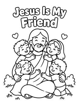 Free printable Jesus Is My Friend With Happy Children coloring page