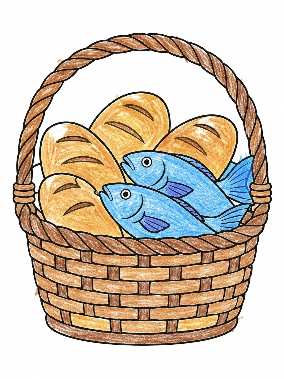 Colored example of the Basket With Loaves And Fish coloring page