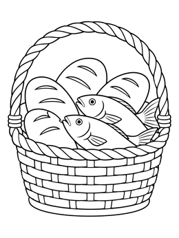 A woven basket filled with bread and fish in this jesus is our friend coloring page.