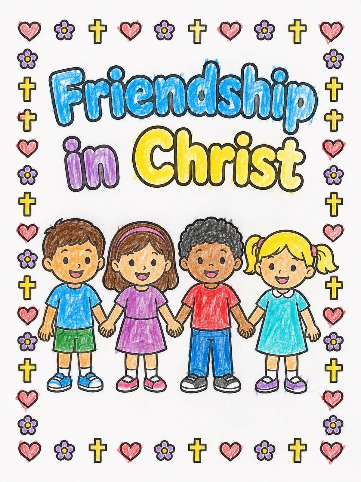 Colored example of the Friendship In Christ With Smiling Children coloring page