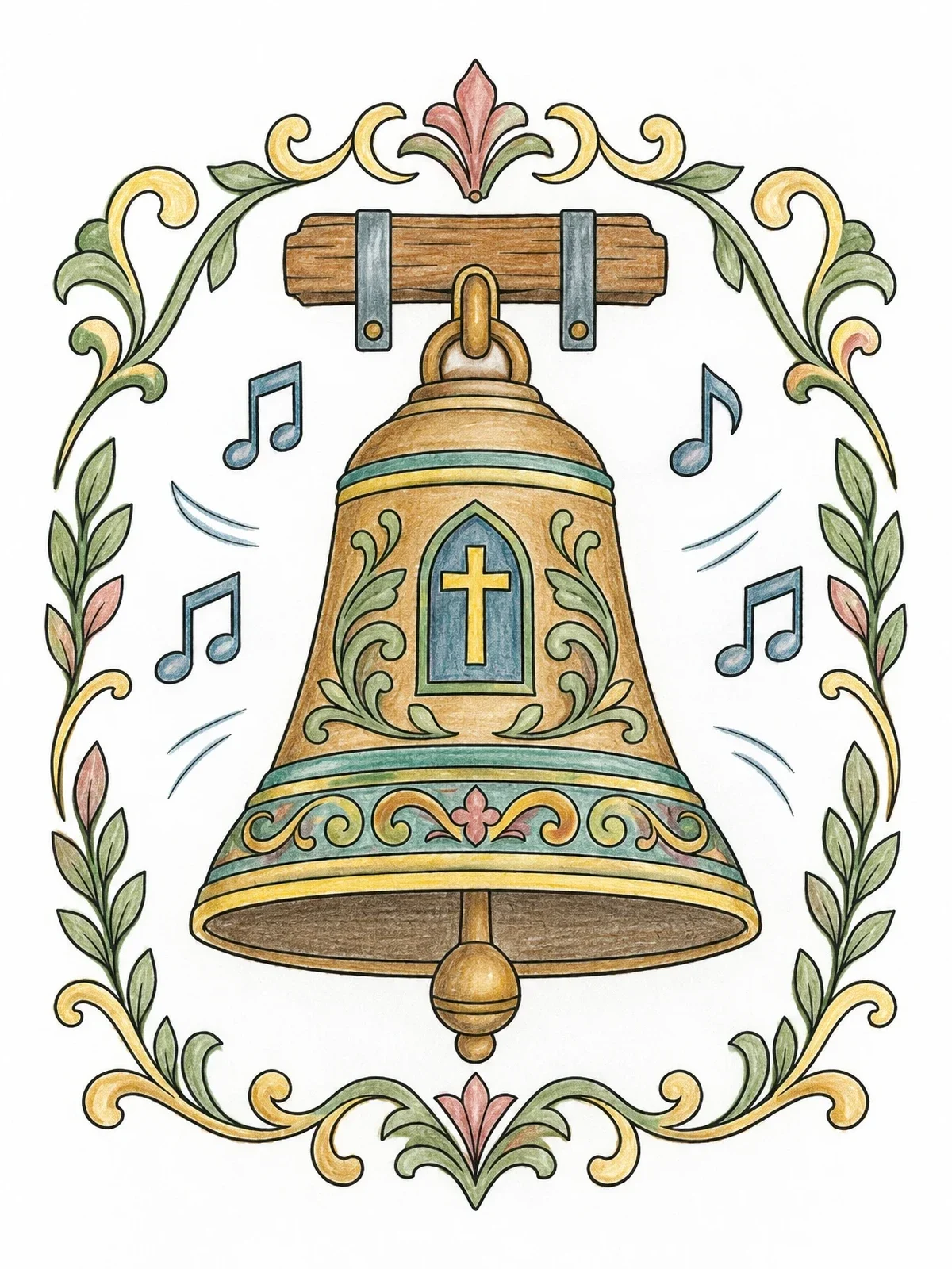 Colored example of the Ornate Church Bell With Musical Notes coloring page