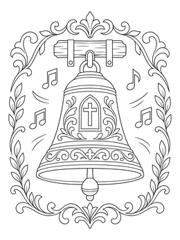 An ornate church bell ringing with musical notes on this jesus is our friend coloring page.