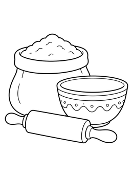 Free printable Baking Bowl Flour And Rolling Pin coloring page