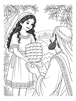 A young girl offering stacked loaves under olive trees in this jesus is the bread of life coloring page.
