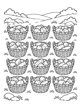 Twelve woven baskets of bread sit on a hill in this jesus is the bread of life coloring page.