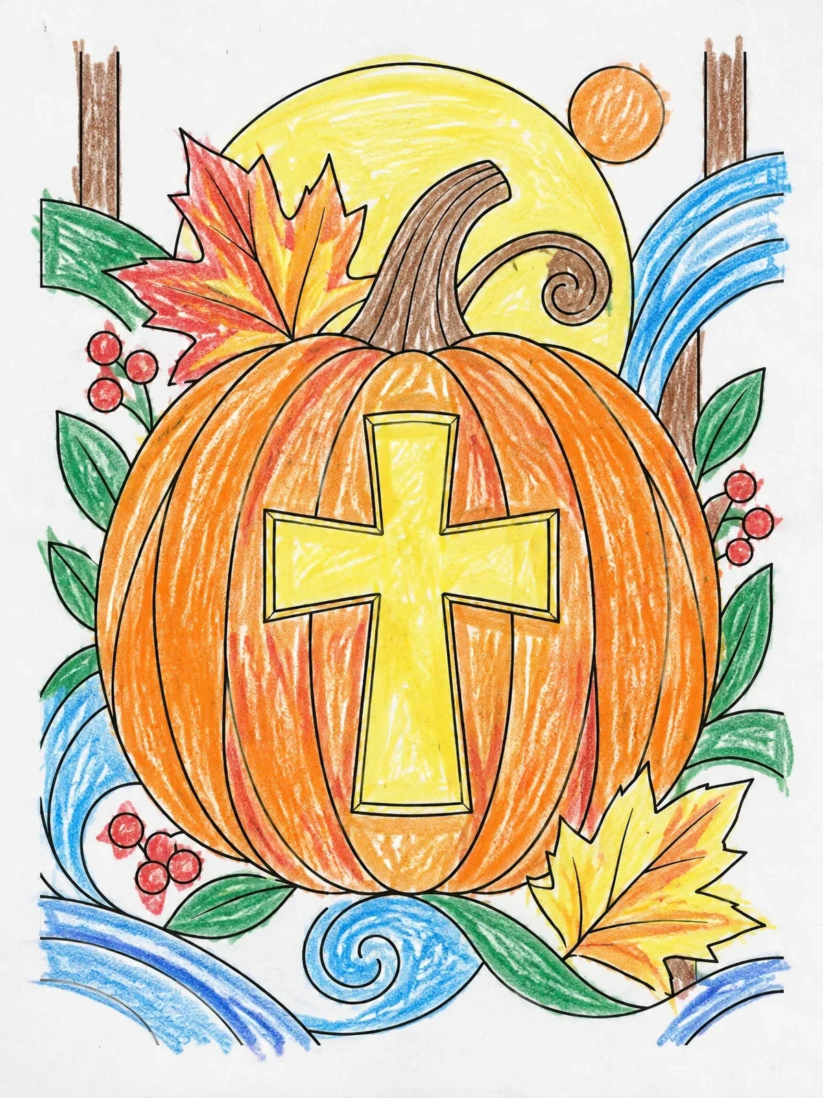 Colored example of the Carved Christian Autumn Pumpkin coloring page