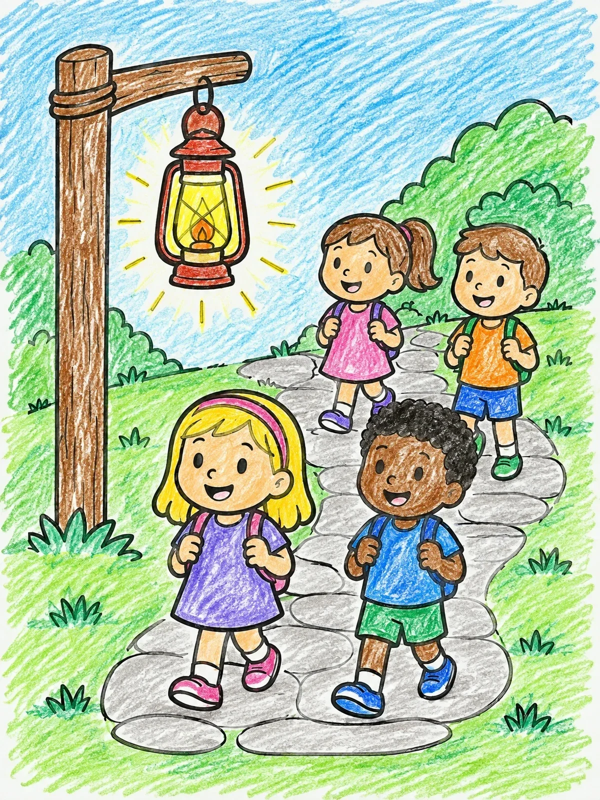 Colored example of the Children Walking Guided By Lantern Light coloring page