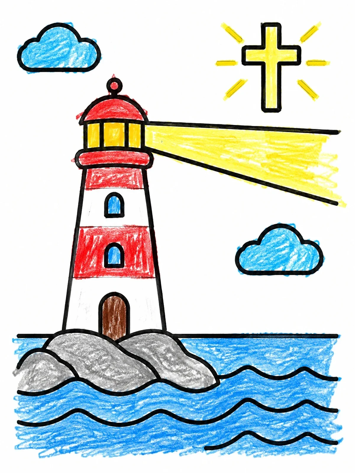 Colored example of the Lighthouse Beam And Glowing Cross coloring page