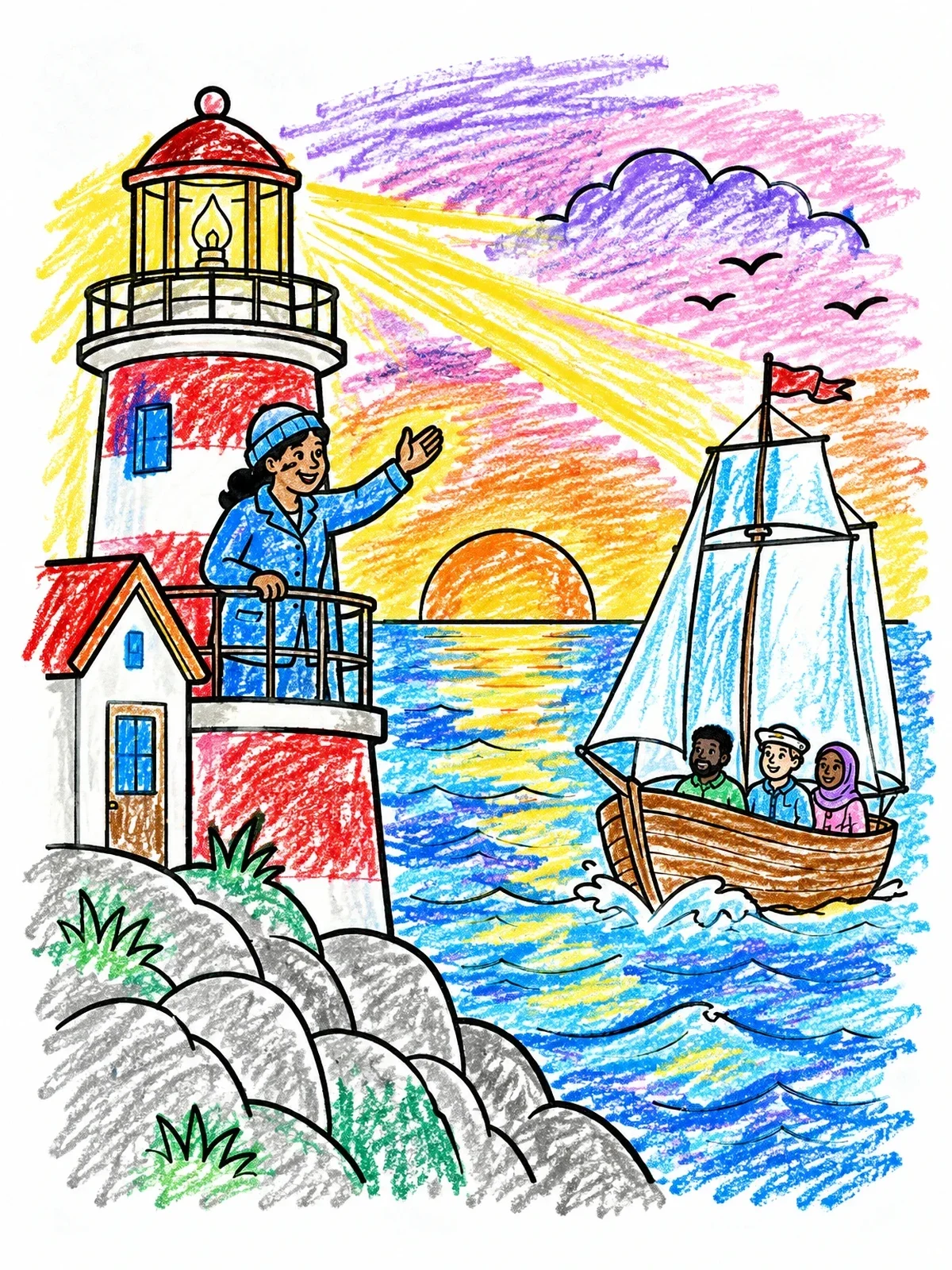 Colored example of the Lighthouse Guiding Boat At Sunset coloring page