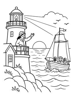 Free printable Lighthouse Guiding Boat At Sunset coloring page