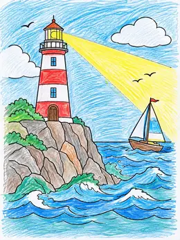 Drawing Light Rays From Lighthouse Lighthouse Guiding Sailboat At Sea – Jesus Is The Light Coloring Page