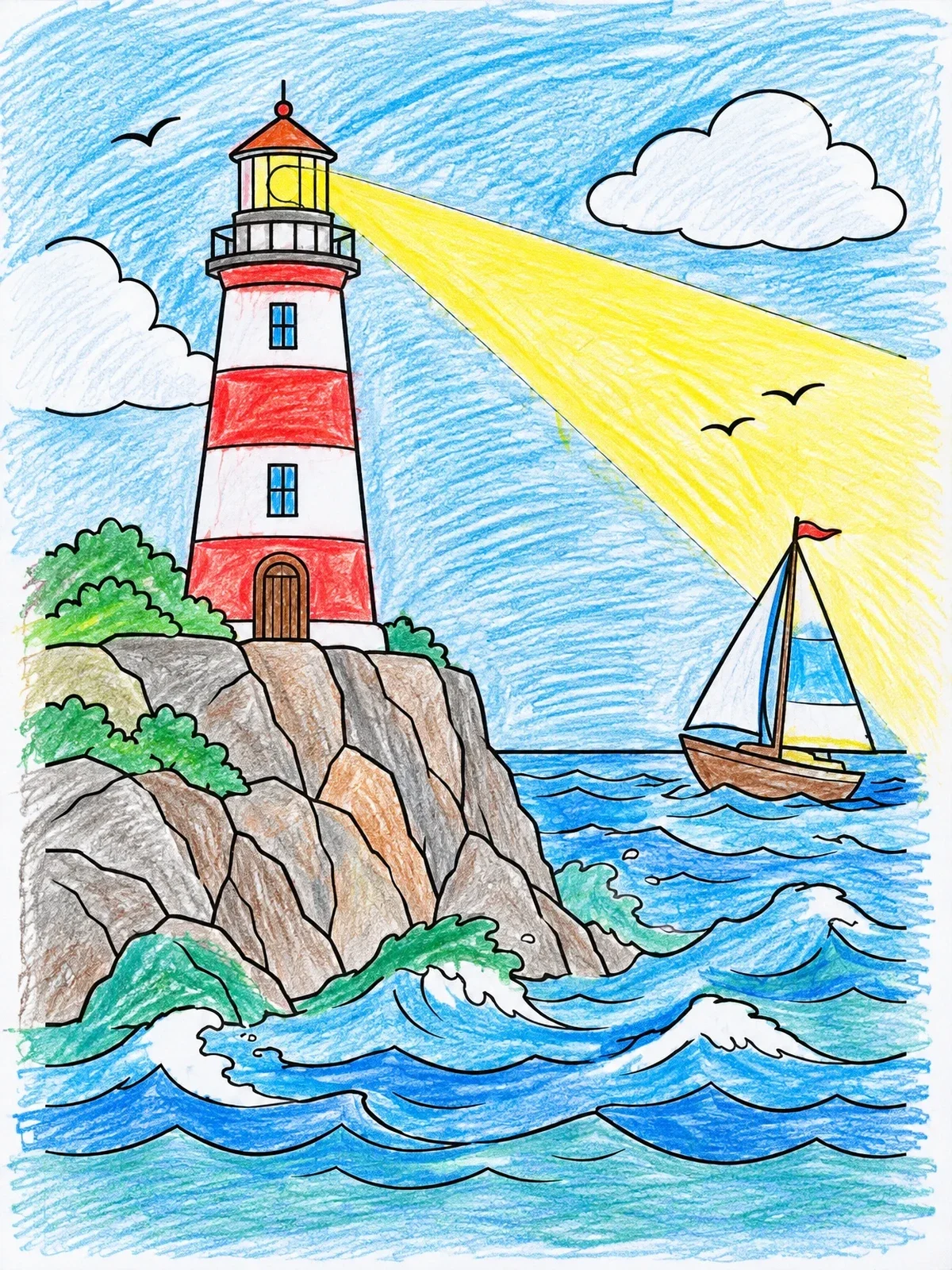 Colored example of the Lighthouse Guiding Sailboat At Sea coloring page